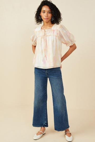 HY9515 Blush Mix Womens Watercolor Print Shirring Detail Tie Gif Top Gif